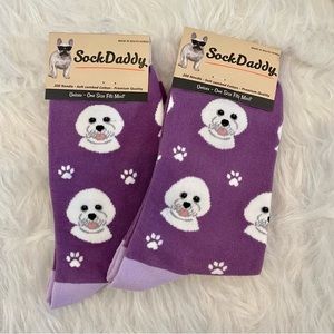 Sock Daddy NWT 2 pair Bichon Frise unisex socks purple and white